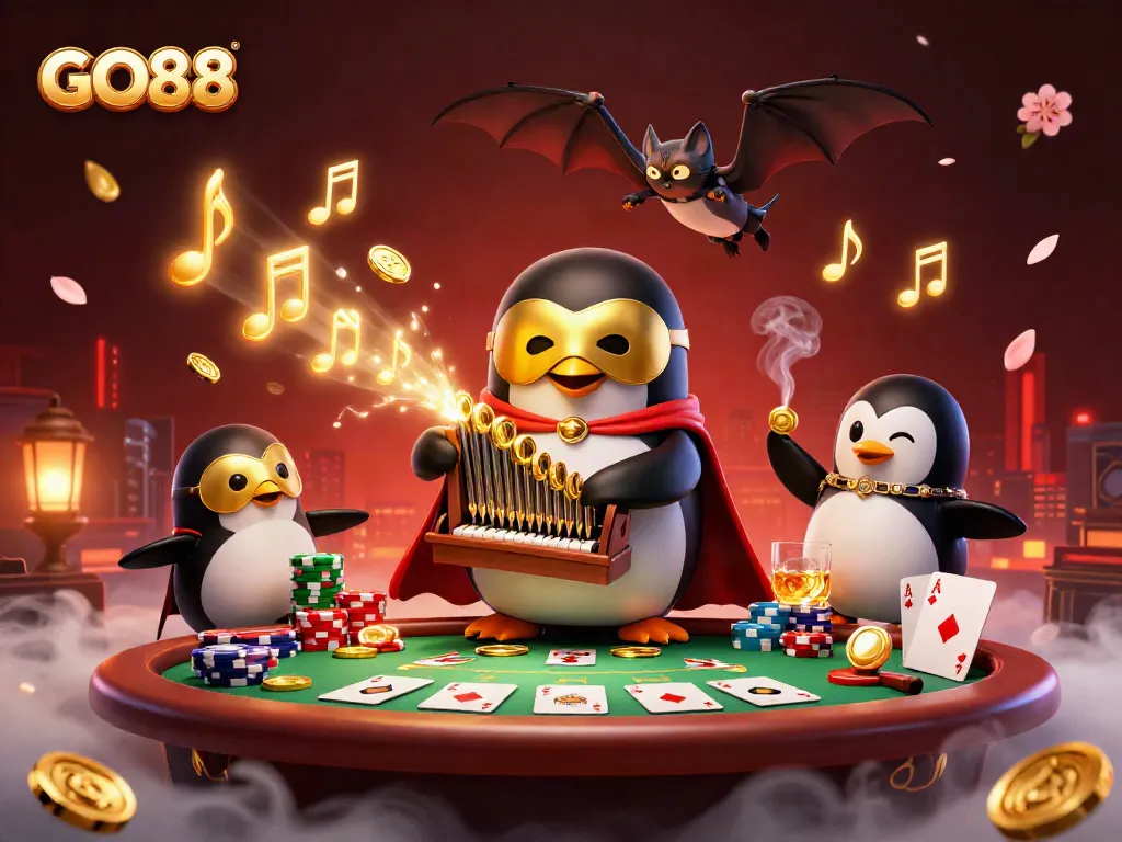 GO88 gaming scene with a phantom penguin playing an organ and poker elements floating around