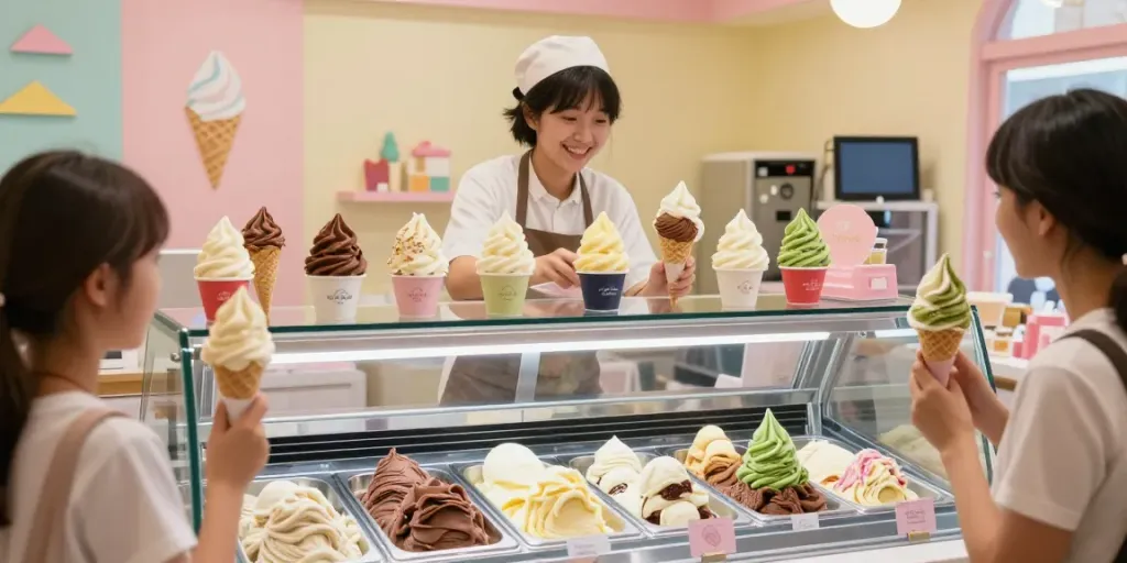ROKOK88 ice cream shop vibrant flavors and joyful customers enjoying treats