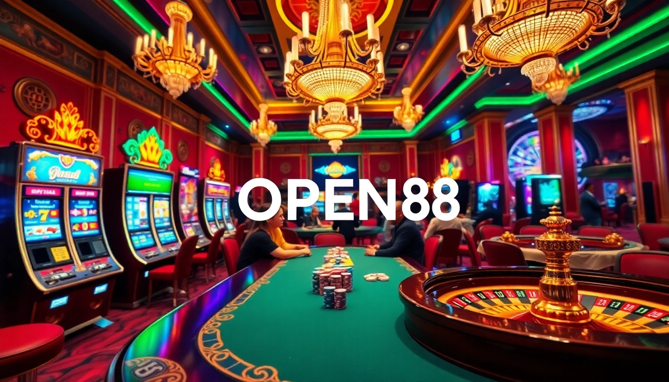 Players betting at an elegant casino table with OPEN88 branding, showcasing excitement and luxury.