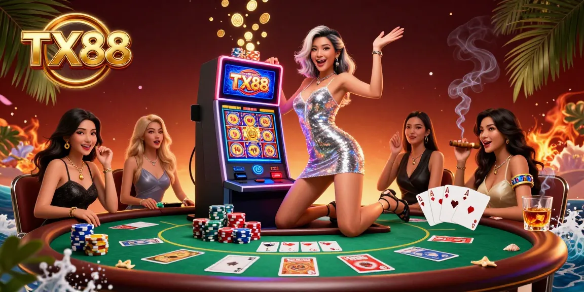 Celebrate huge wins at TX88 with exciting slot jackpots amidst vibrant casino gaming elements.