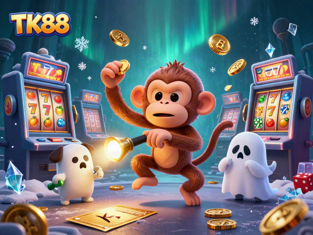 Experience the thrilling TK88 haunted casino with a poltergeist monkey and ghost-hunter puppy amidst lavish game elements.