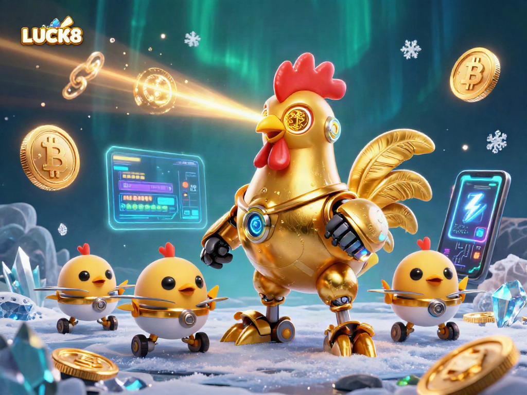 LUCK8 mang đến cảm giác hồi hộp với robot gà vàng và đồng tiền ảo lấp lánh trong casino số.