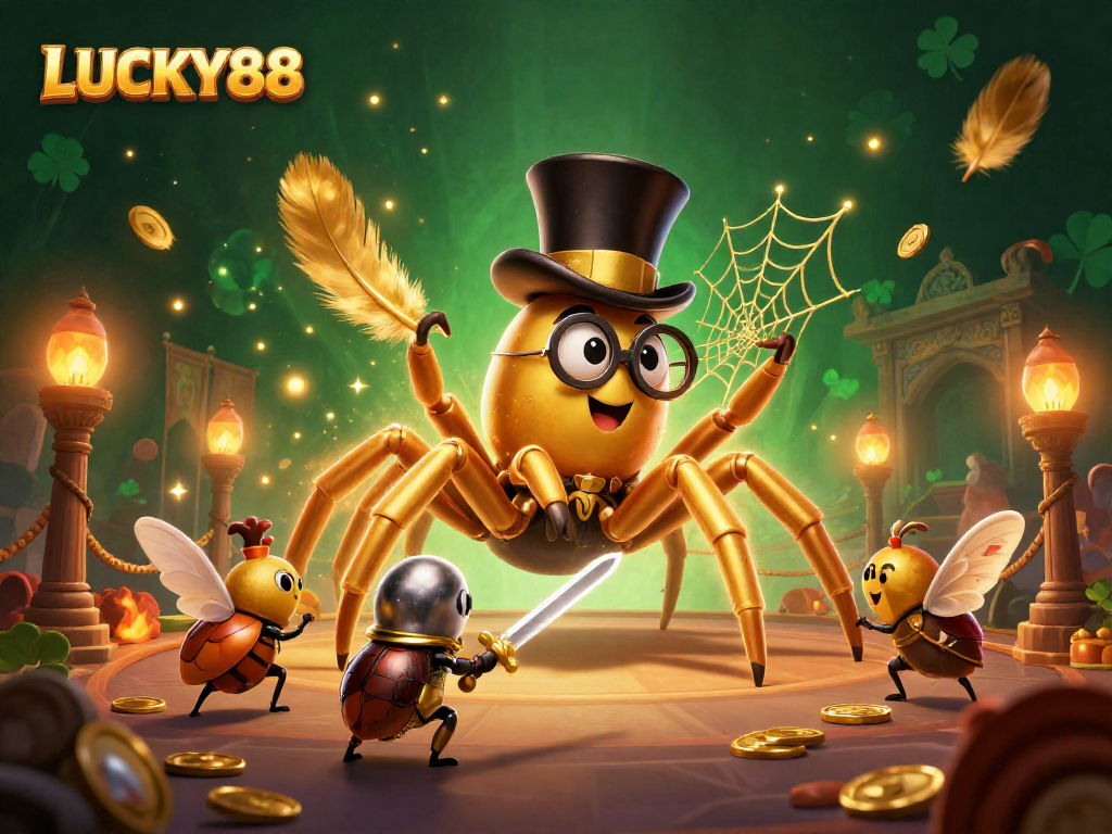 Experience the thrilling atmosphere of LUCKY88 with a giant golden tarantula and beetle knight in a dynamic casino scene.