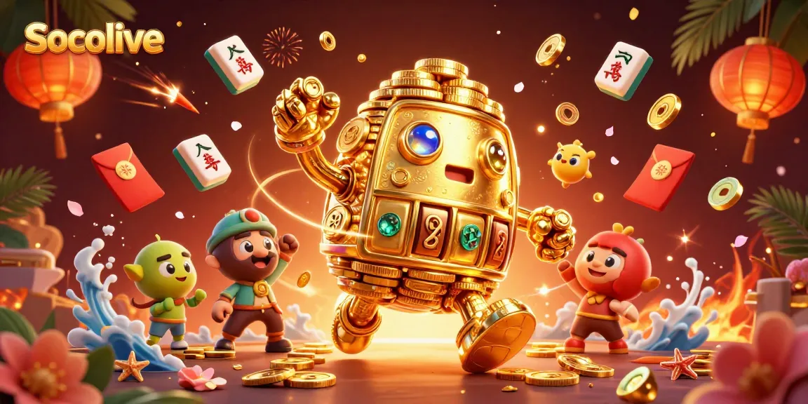 Socolive promotes exciting live betting experiences with golden golem and vibrant casino elements.