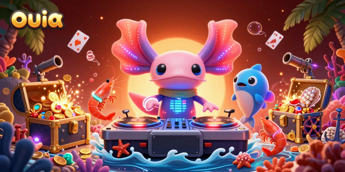 ouia entertains with an underwater DJ axolotl amidst vibrant casino elements and a lively scene.