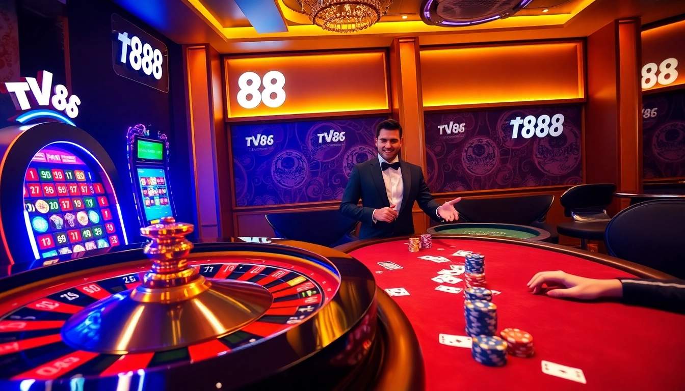 Experience the thrilling atmosphere of TV88 casino with a luxurious roulette wheel and engaging dealer.
