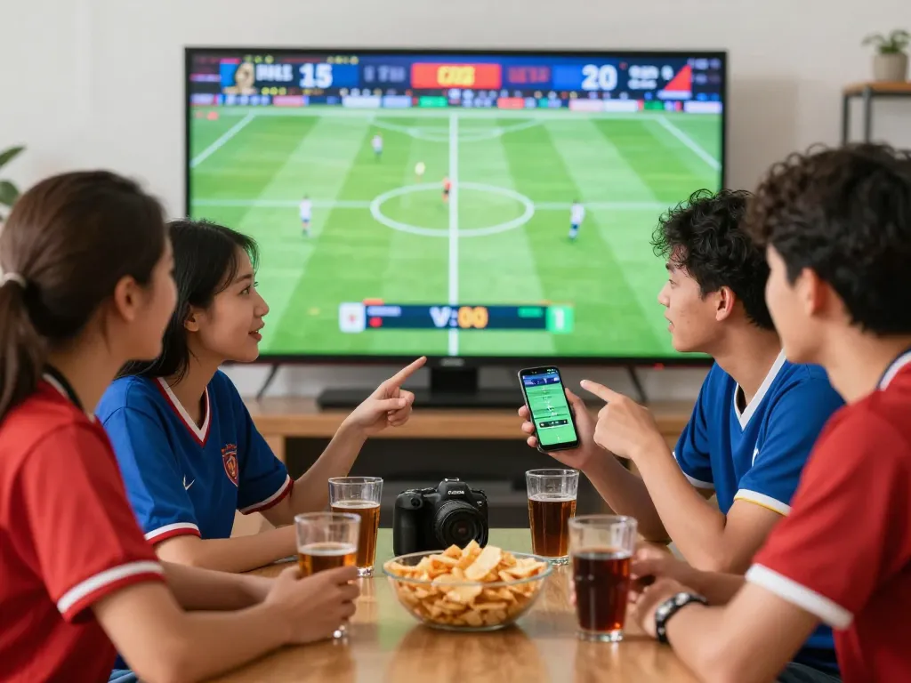 Exciting atmosphere at a kèo nhà cái sports betting party with friends analyzing odds and watching live football matches.