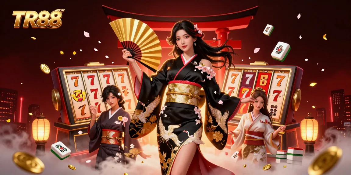 Experience the excitement of TR88 with vibrant illustrations of slots and jackpots amid dynamic gaming elements.