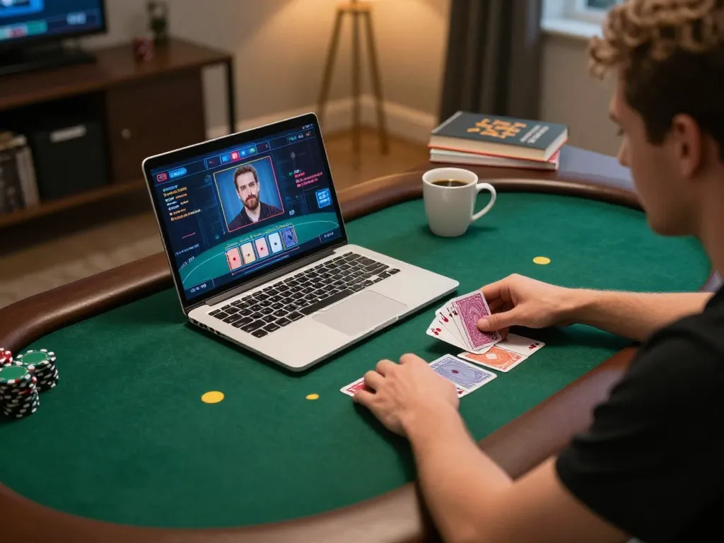 Hitclub player strategizing in a cozy online casino setup, laptop showcasing poker game.