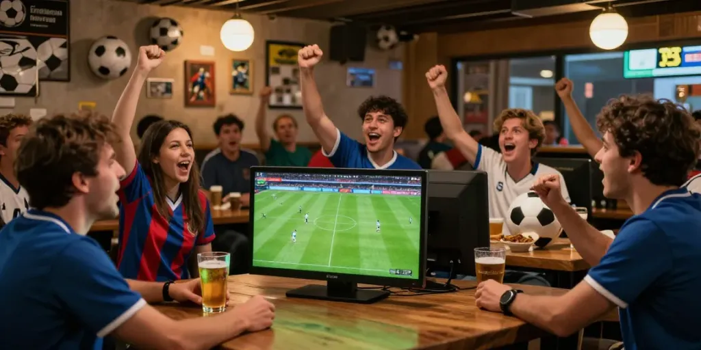 Live match viewing at GavangTV sports bar with fans cheering.