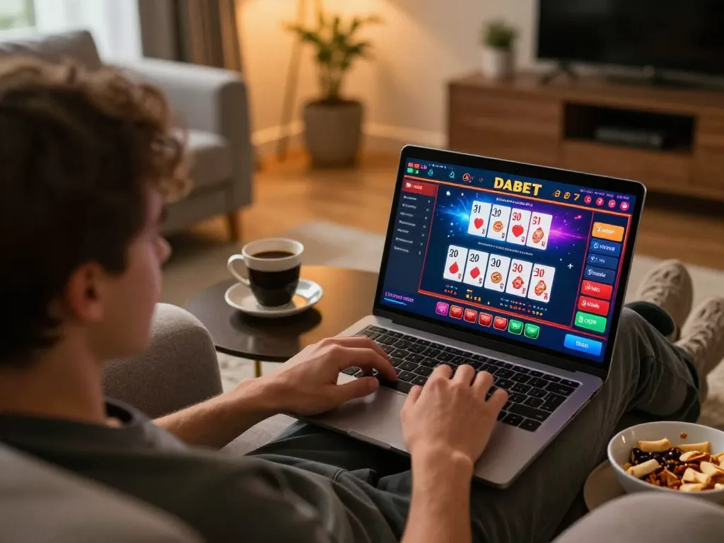 DABET online casino gaming in a cozy living room with a laptop displaying card games.