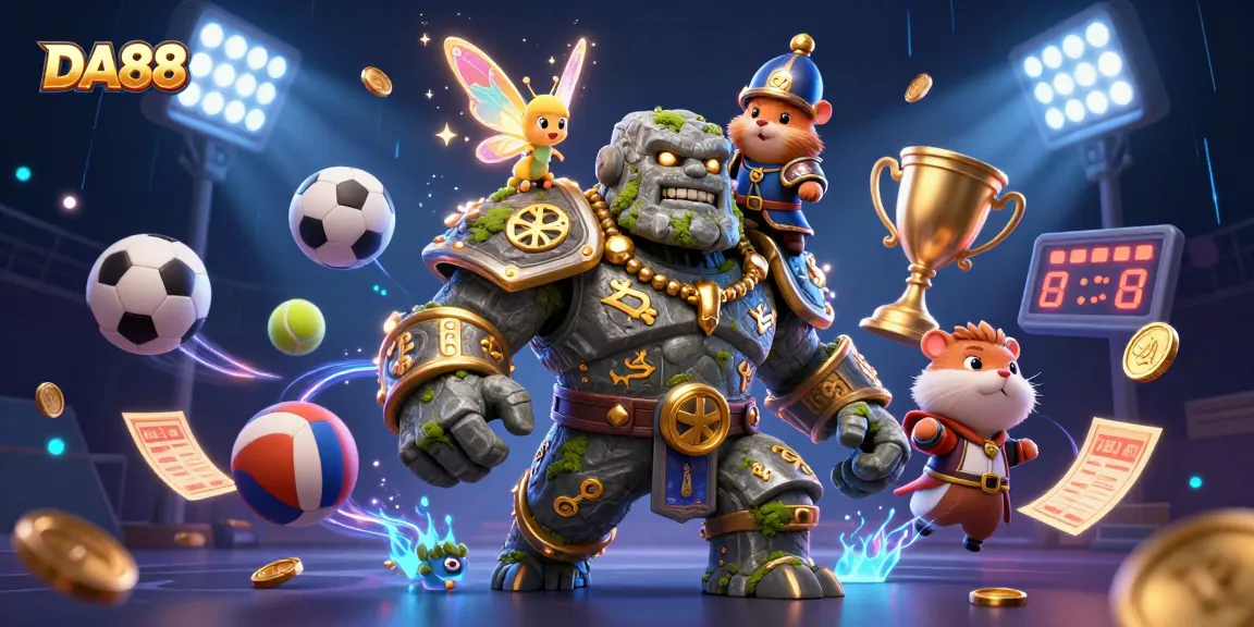 Experience DA88's vibrant gaming universe with a magical scene of a golem guardian and enchanting friends.