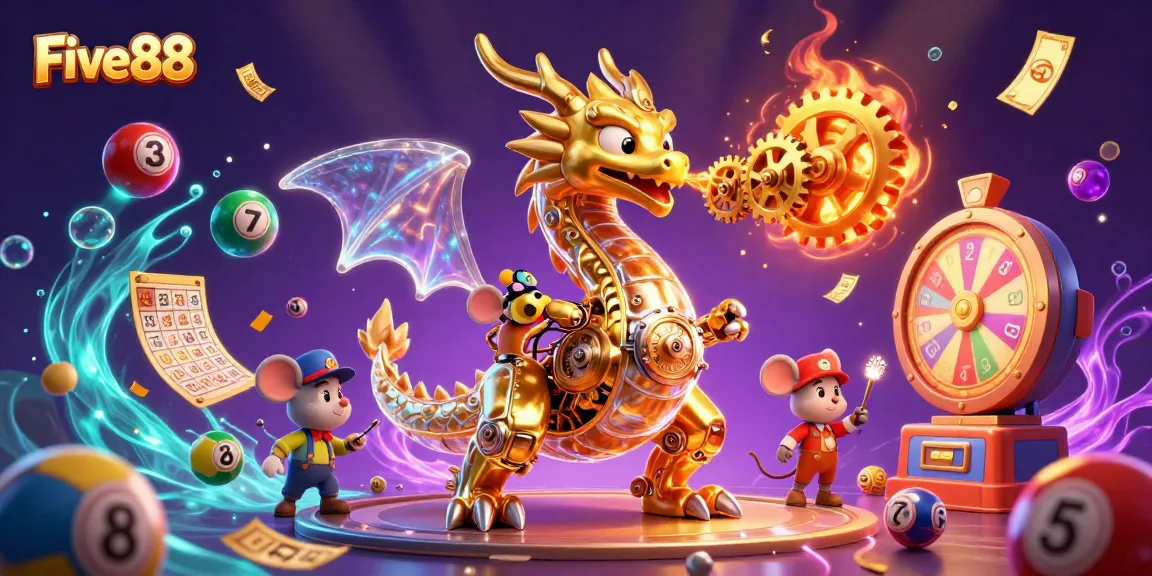 Experience excitement with Five88, featuring a golden dragon and dynamic gambling scenes.