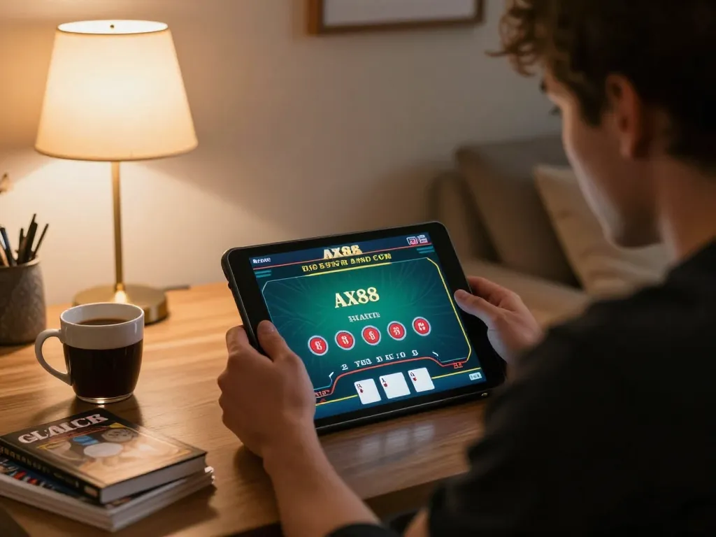 Engaging moment of a player enjoying Ax88 live dealer blackjack on a tablet, illustrating strategic gameplay