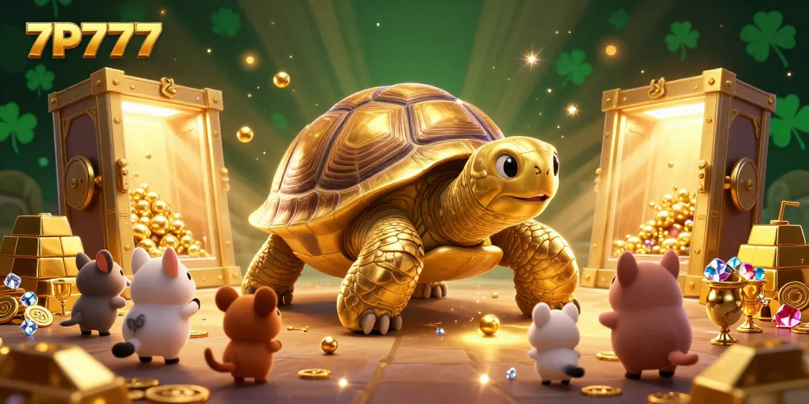 Experience the excitement of 7P777 with a tortoise pinball machine surrounded by treasures and whimsical characters.
