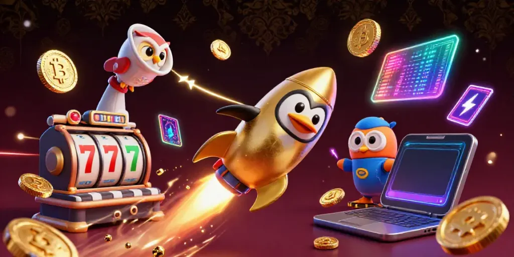 Experience the excitement of gojiliwin with a vibrant 3D casino scene featuring a golden penguin and slot elements.