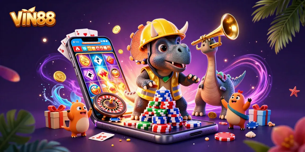 Experience the excitement of VIN88 with fun characters celebrating around vibrant casino games.