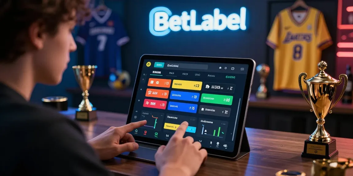 BetLabel Benutzer platziert Wetten auf einer modernen Plattform mit Sporterinnerungsstücken um sich herum.