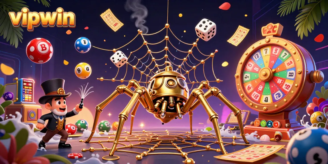 Experience the thrilling world of vipwin with our captivating 3D illustration showcasing a steampunk spider and lottery elements.