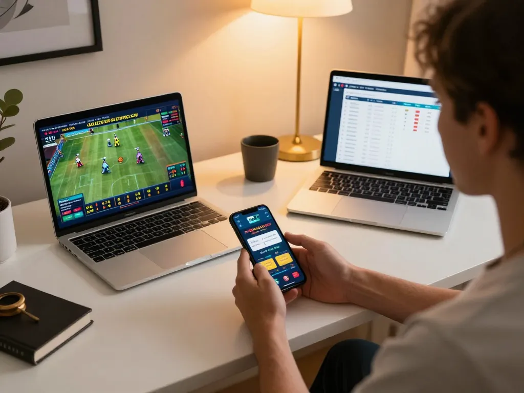 Engaging with trang chủ 11BET using a smartphone at a stylish desk showing live betting options.