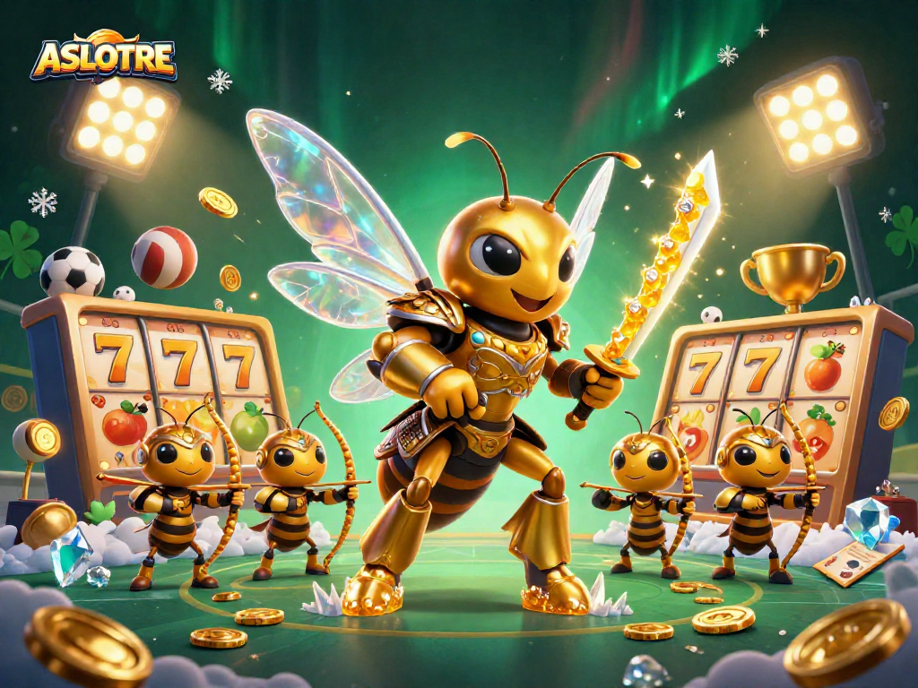 Experience thrilling gameplay with ASLOTRE as giant golden hornet and bee archers celebrate a slot jackpot.