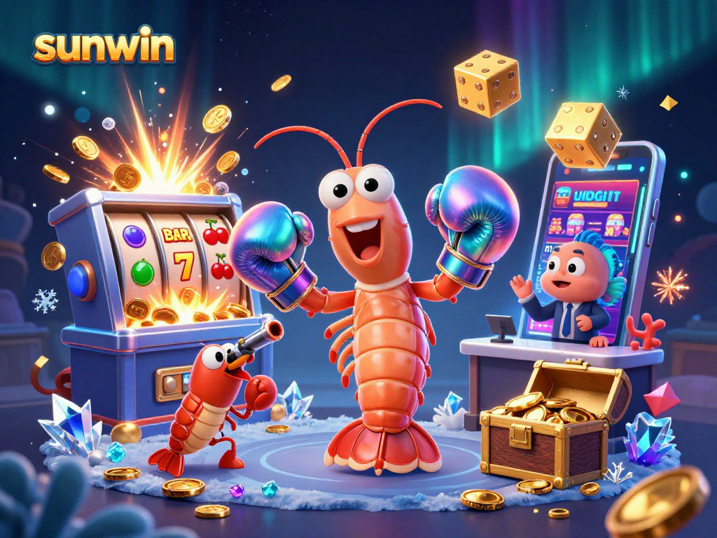 Experience sunwin's exciting online gameplay with a vibrant 3D casino scene featuring dynamic slots and lively characters.