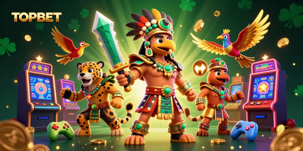 Play exciting slot games on TOPBET with Aztec warriors in a vibrant 3D casino scene.