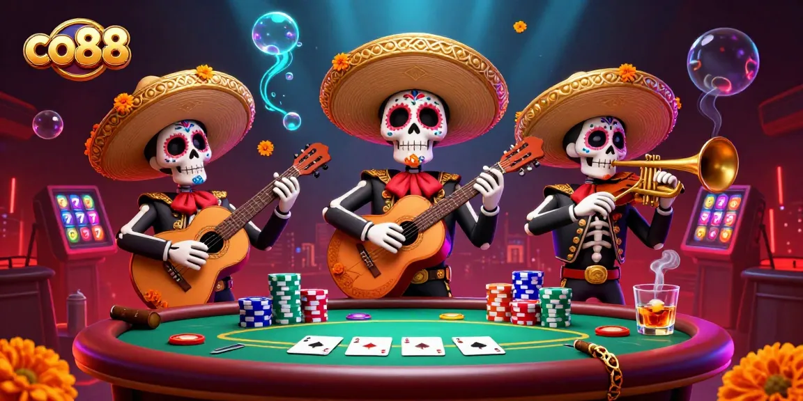 Engage in high-stakes poker alongside co88’s colorful mariachi band in this vibrant casino illustration.
