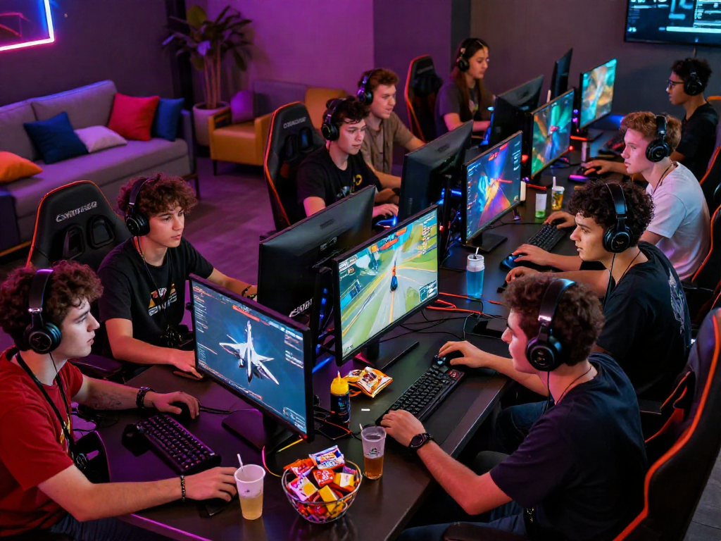 Nhóm bạn đang chơi f168 đăng nhập game trực tuyến trong một phòng chơi hiện đại.