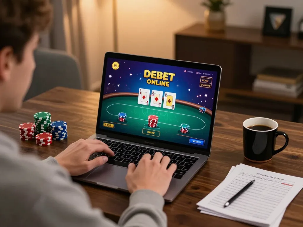 Engaging in DEBET online casino gameplay with vibrant poker interface.