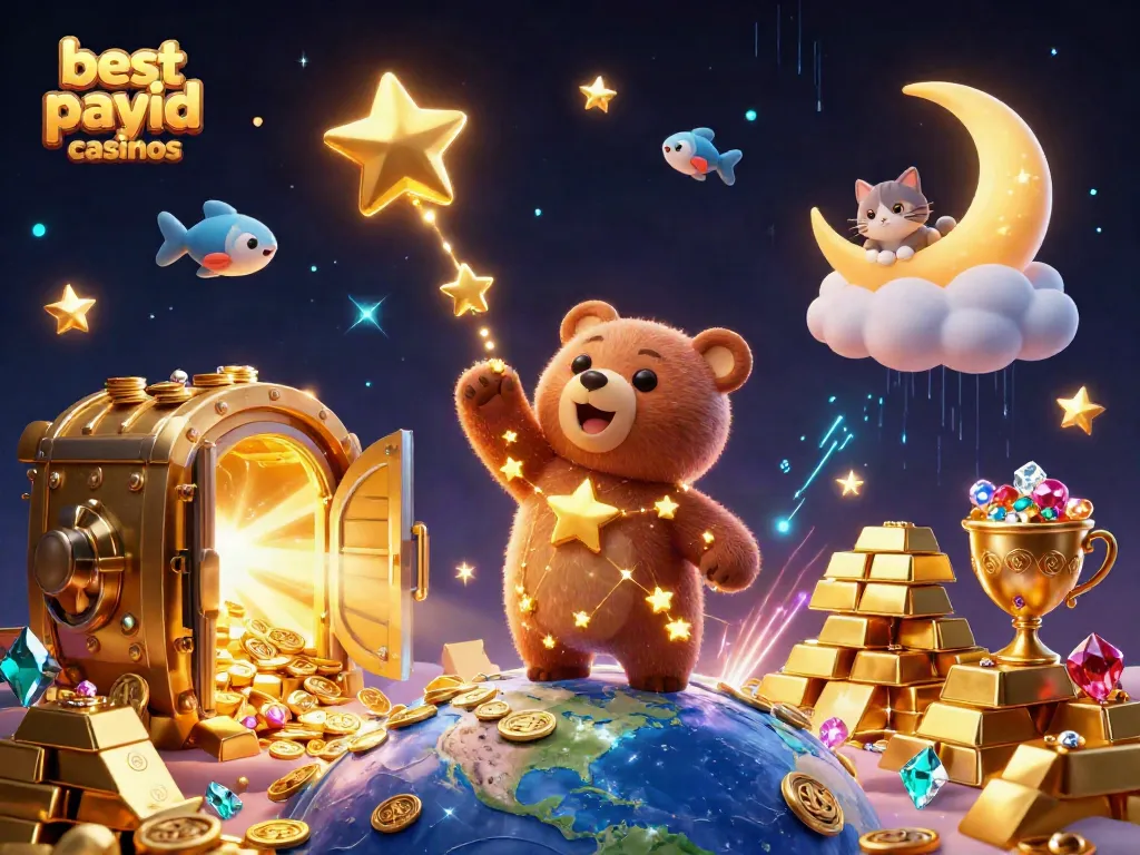 Experience the magic of best payid casinos with a vibrant 3D illustration showcasing a constellation bear and treasures.