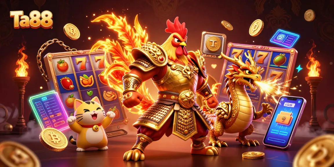 Experience excitement at Ta88 with vibrant slot reels and unique gaming characters.