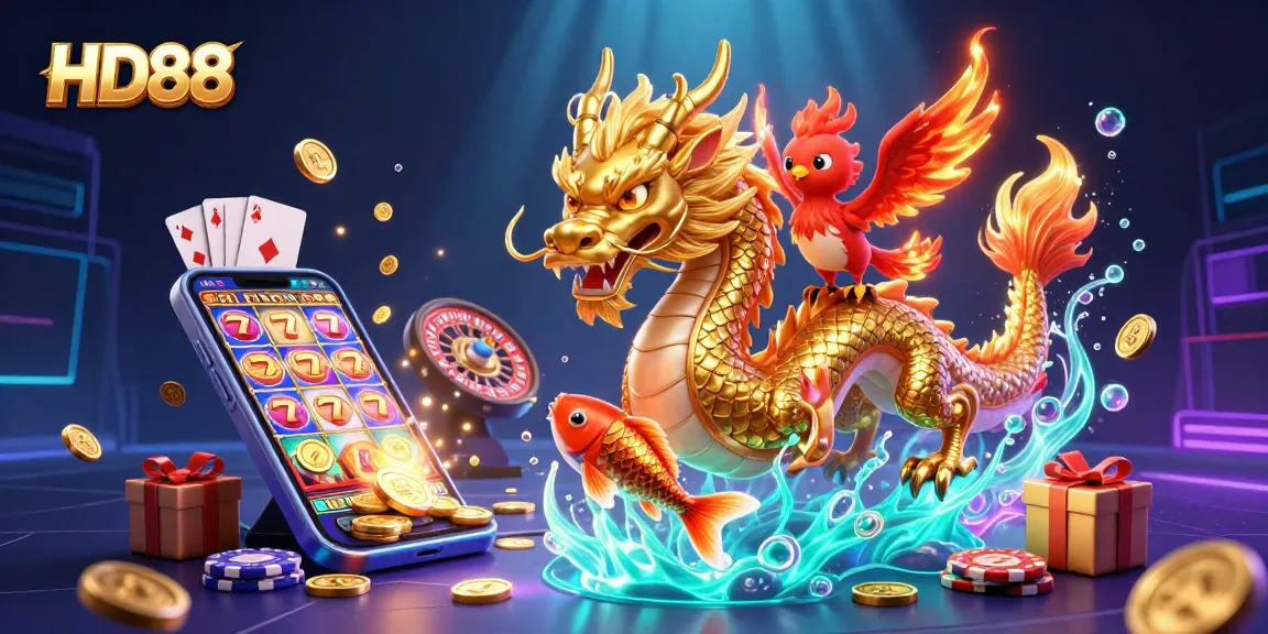 Experience HD88 with a golden dragon, phoenix, and koi fish amidst vibrant casino games.