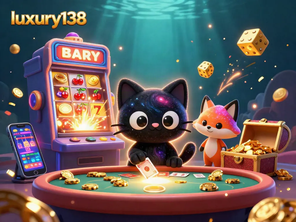 Experience the thrill of luxury138 with a vibrant cosmic casino featuring a whimsical black hole cat and nebula fox.