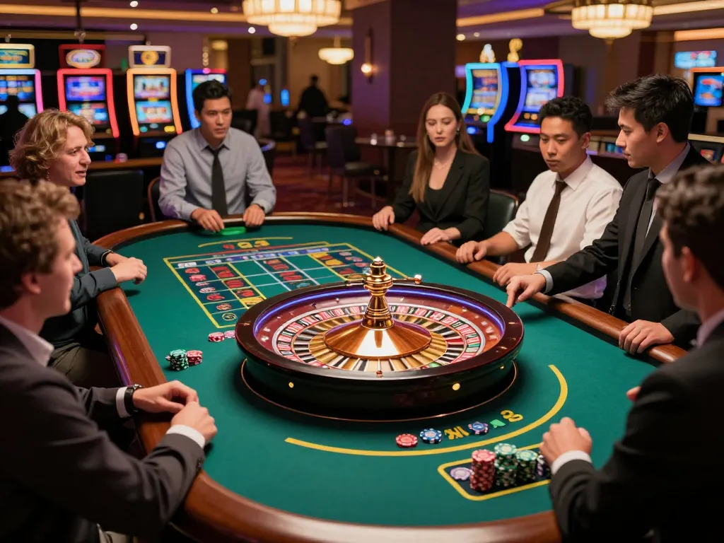 FC88 players eagerly placing bets at a roulette table in a luxurious casino.