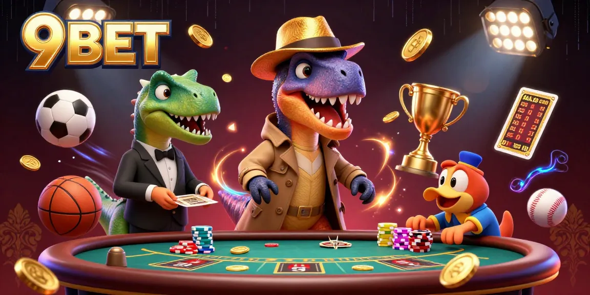 Uncover winning strategies with 9BET's unique animated casino scene featuring card counters and sports elements.