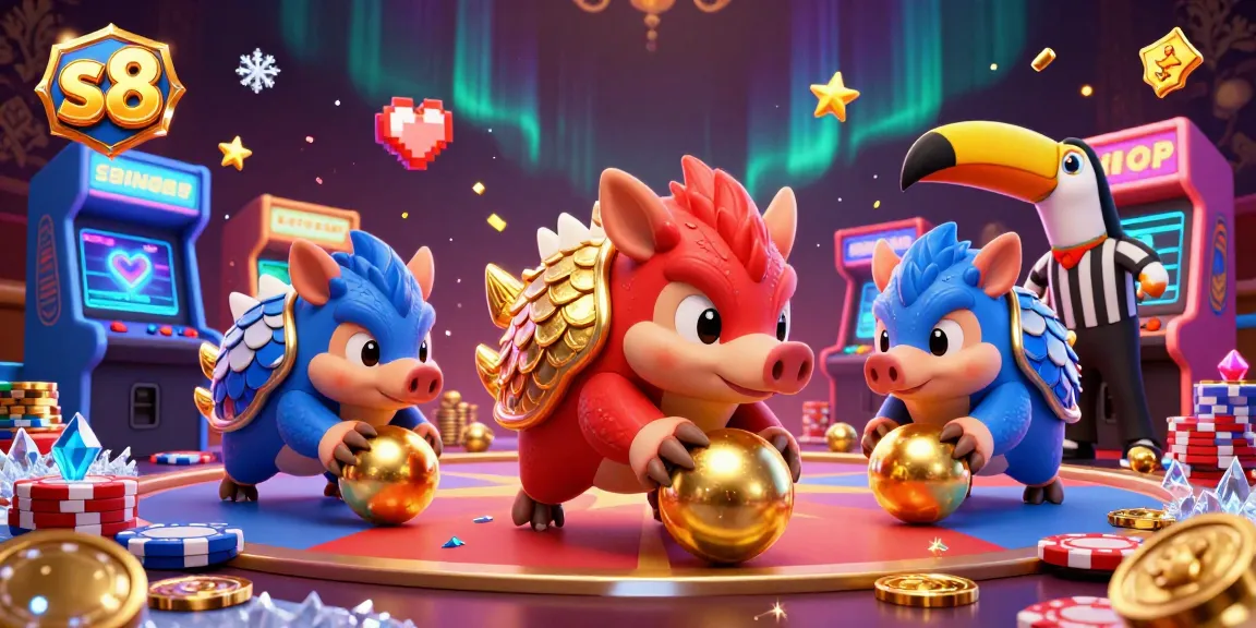 Engage in s8 casino battles with rival pangolins rolling poker chips in a vibrant 3D gaming scene.