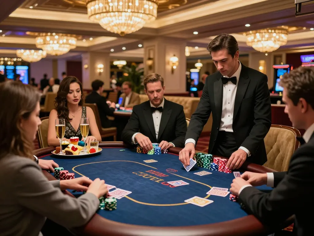 High-stakes game at CM88b's exclusive poker table in a lavish casino, showcasing dynamic gameplay.