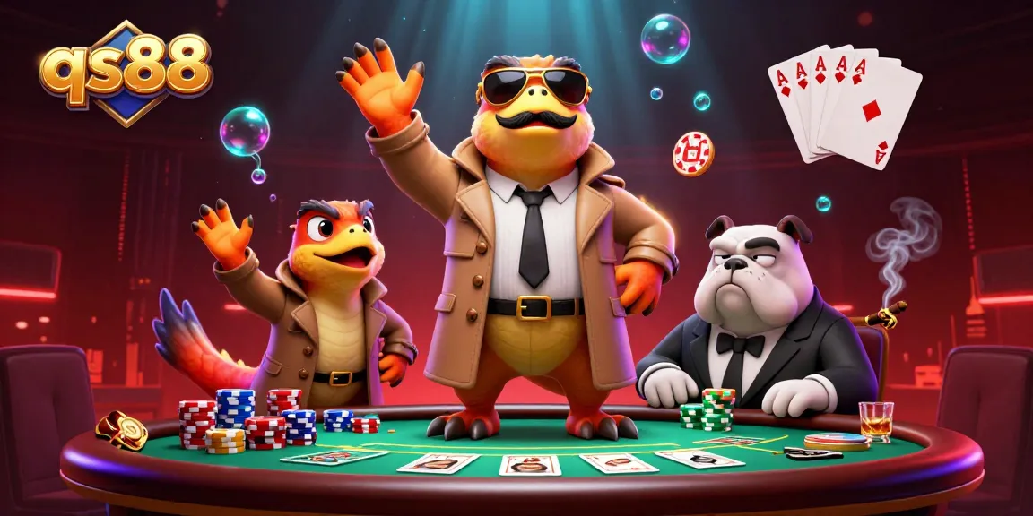 Experience the thrill of qs88 with raptors in trench coats vying for casino entry, surrounded by vibrant gambling elements.