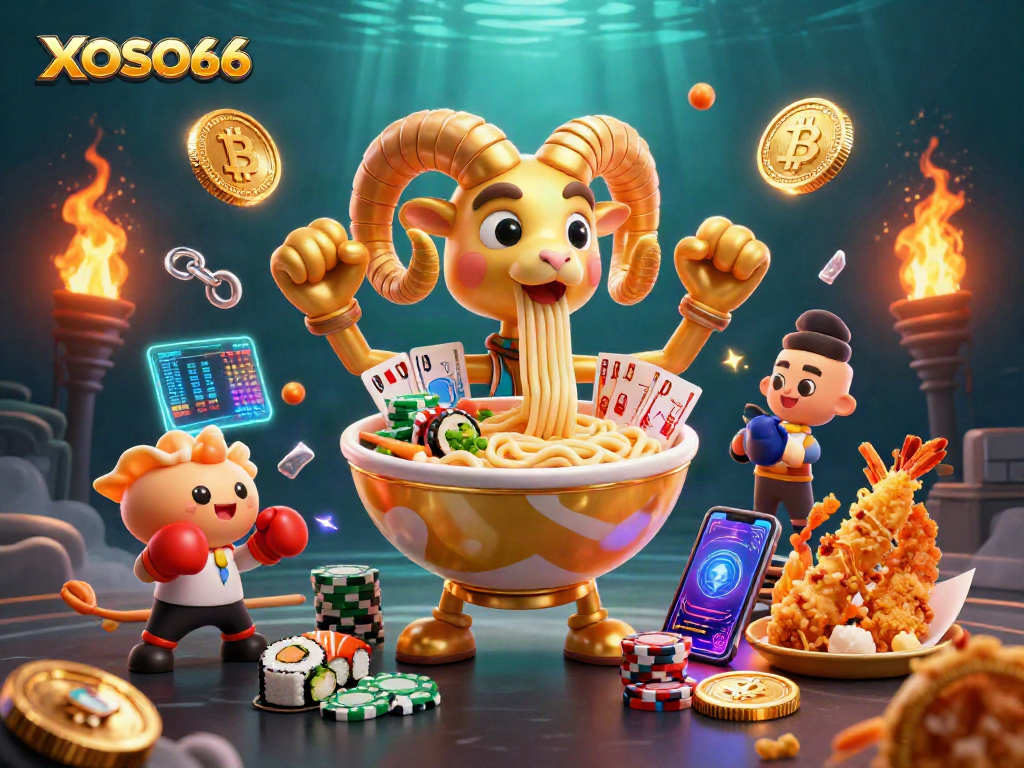 Engage with XOSO66 at a vibrant casino scene showcasing a golden ramen bowl and crypto elements.