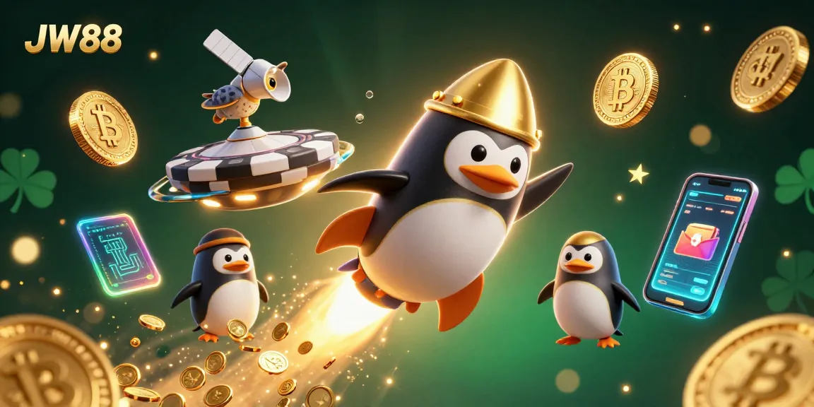 Experience thrilling gameplay at JW88 with a rocket-powered penguin amidst dynamic gambling elements.