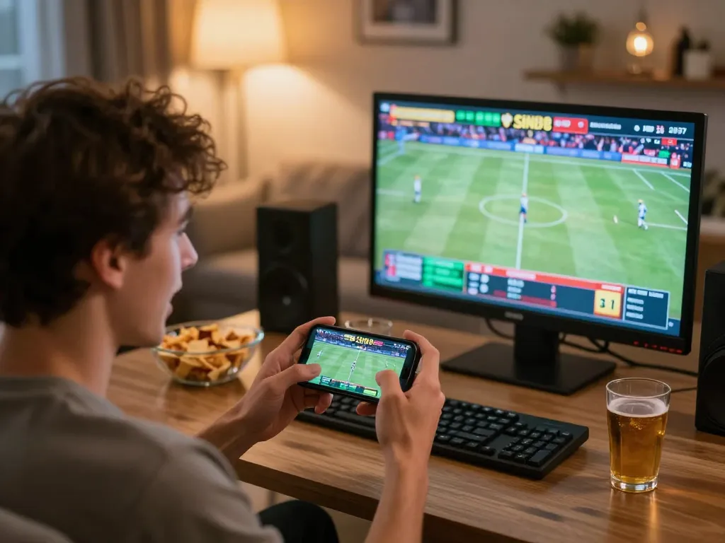 SIN88 user actively placing bets on mobile amidst live sports excitement at home.