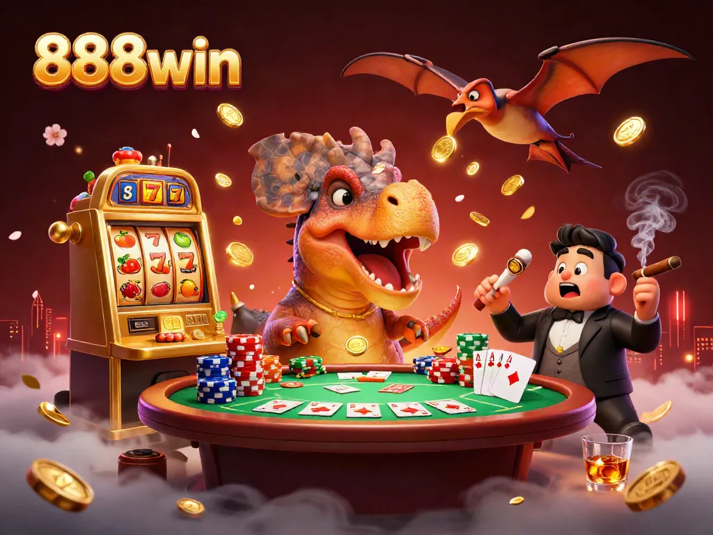 Experience the thrill at 888win with a dinosaur winning big at the slot machine amidst dynamic casino elements.