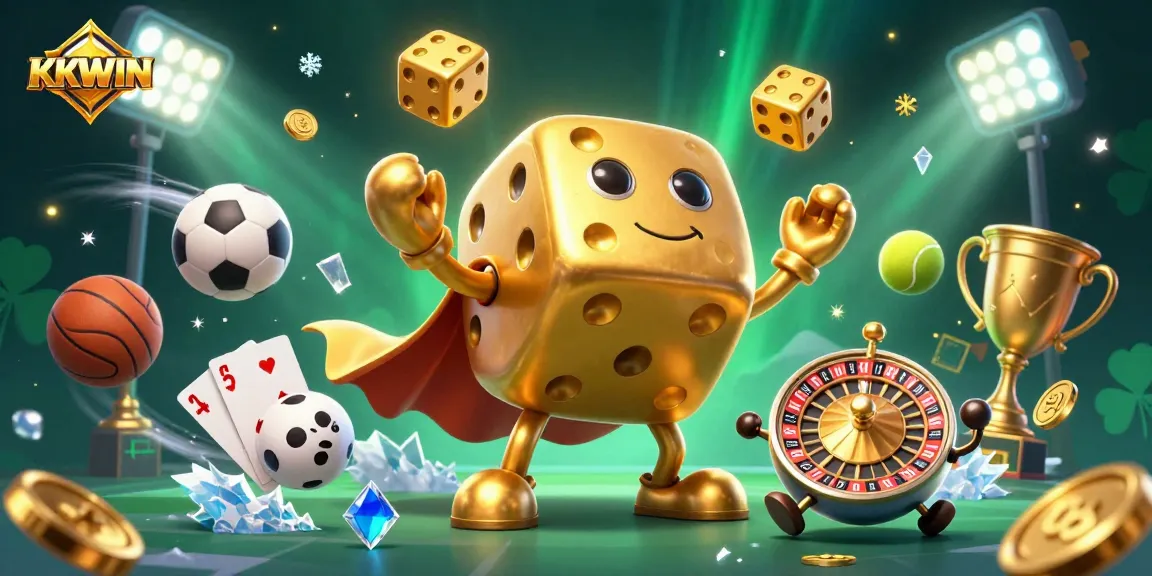 Experience thrilling gameplay at KKWIN with a dynamic 3D casino illustration showcasing unique characters and casino elements.