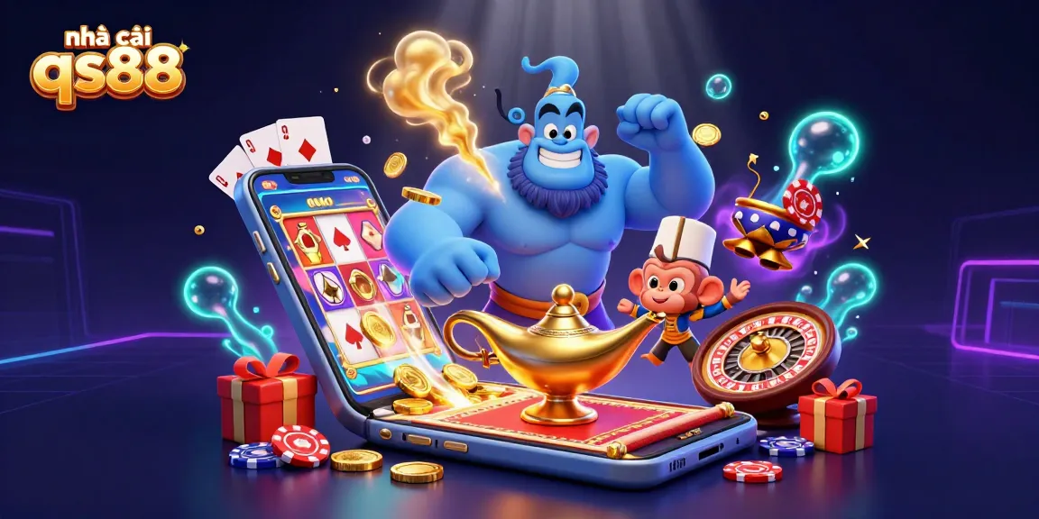 Engage with nhà cái qs88 through a vibrant 3D illustration featuring a genie and magic carpet, enhancing the casino experience.