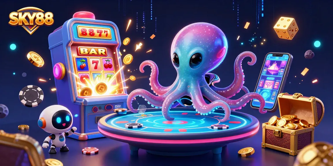 Engage with SKY88’s thrilling poker scene featuring an alien octopus, excited robot, and dynamic casino elements.