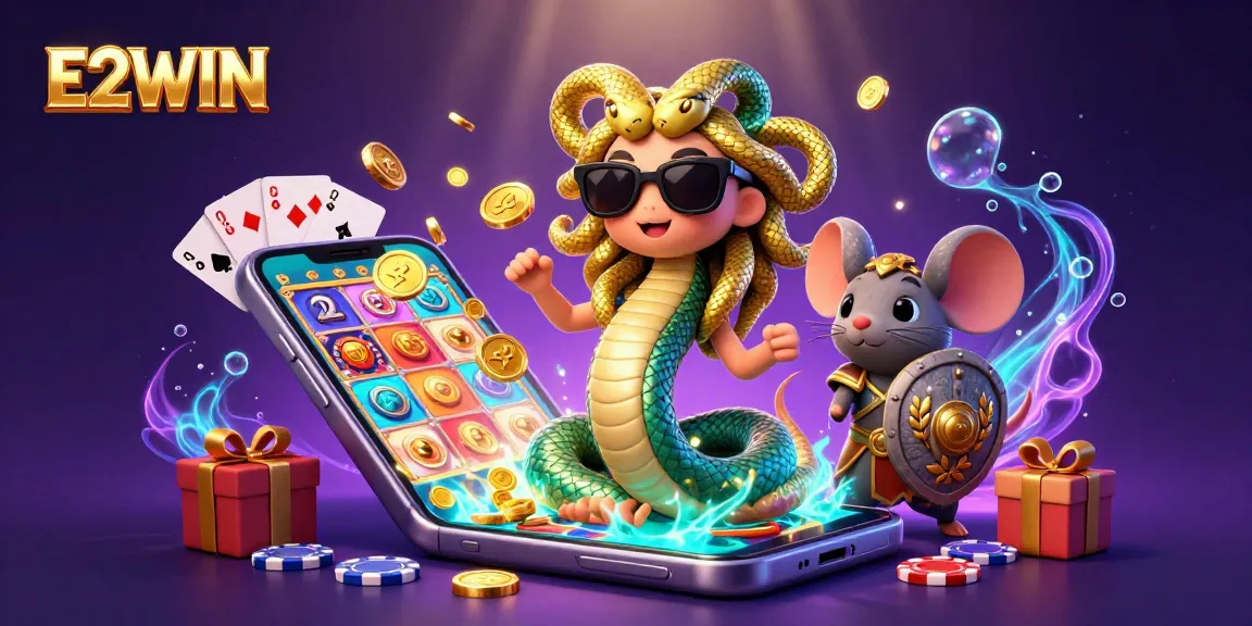 E2WIN captures the fun of gaming with Medusa and a warrior mouse in a vibrant, casino-themed illustration.