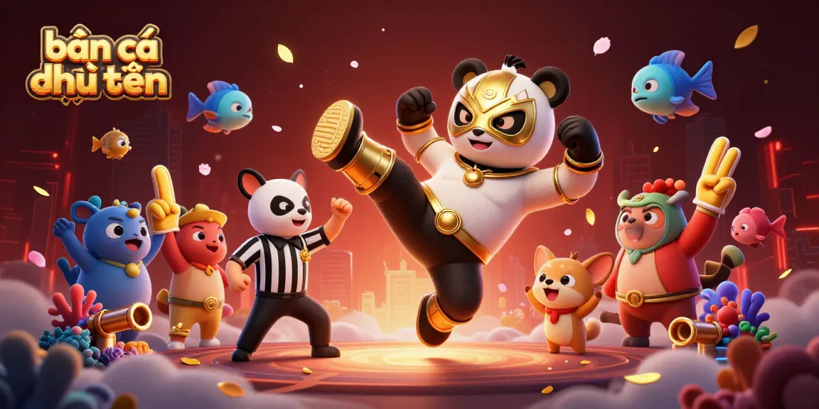Bắn cá đổi thưởng action: vibrant underwater scene with a wrestler panda amidst sea life, gold accents, and dynamic gameplay elements.