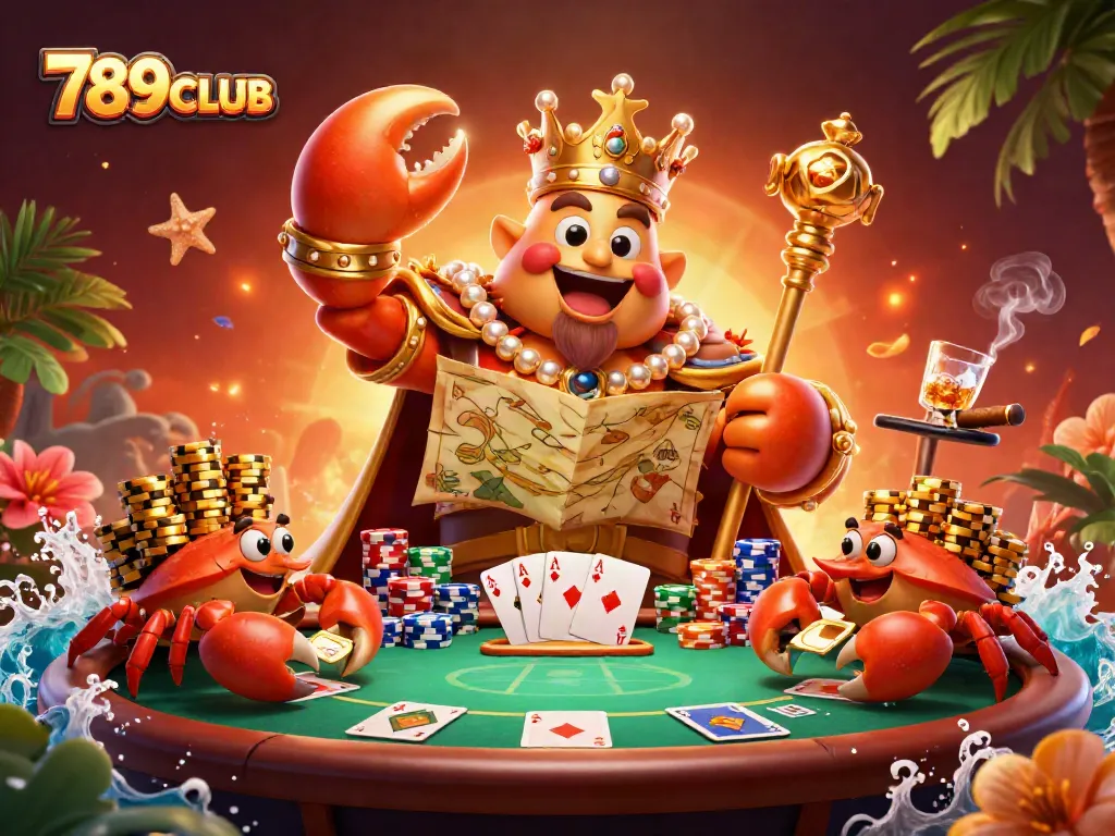 Engage with 789CLUB through an exciting scene featuring a golden crab emperor amidst a vibrant casino setting.
