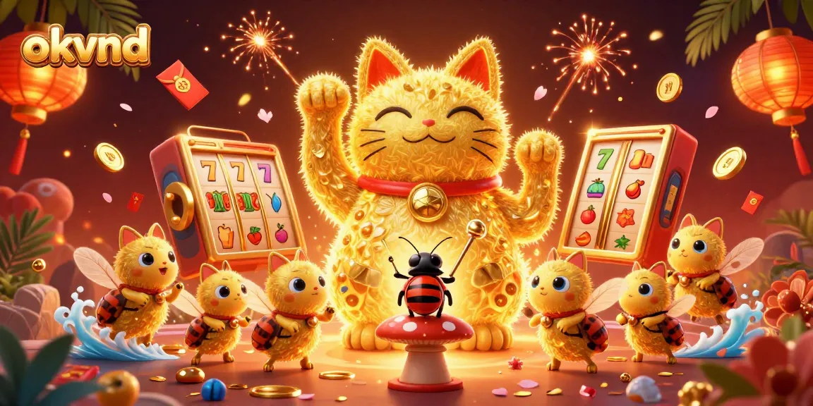 Engage with okvnd in a vibrant casino universe featuring a lucky cat, fireworks, and slot symbols.